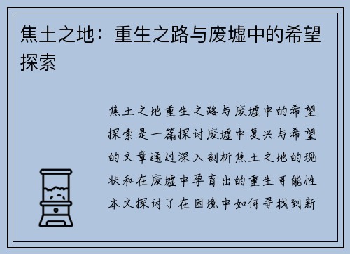 焦土之地：重生之路与废墟中的希望探索