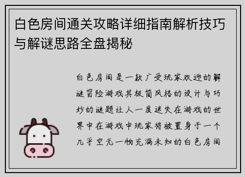 白色房间通关攻略详细指南解析技巧与解谜思路全盘揭秘